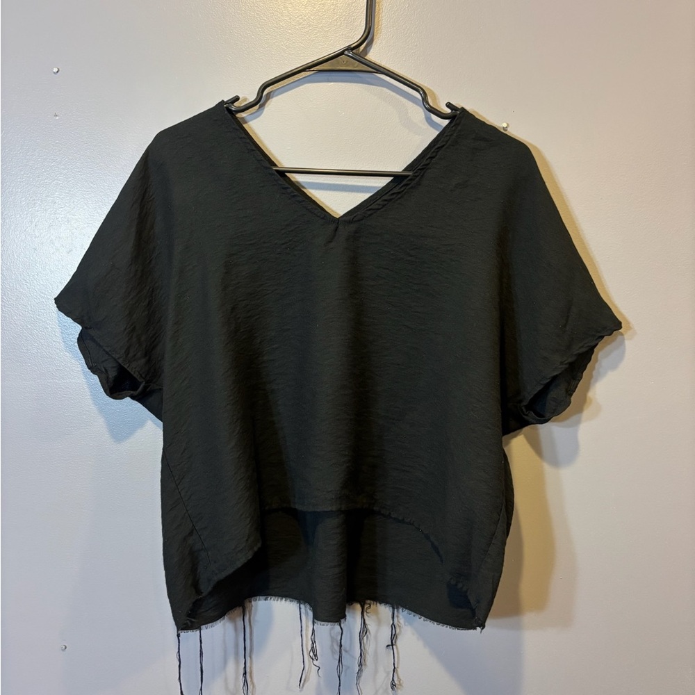 Black V-Neck Blouse with Fringe Detail